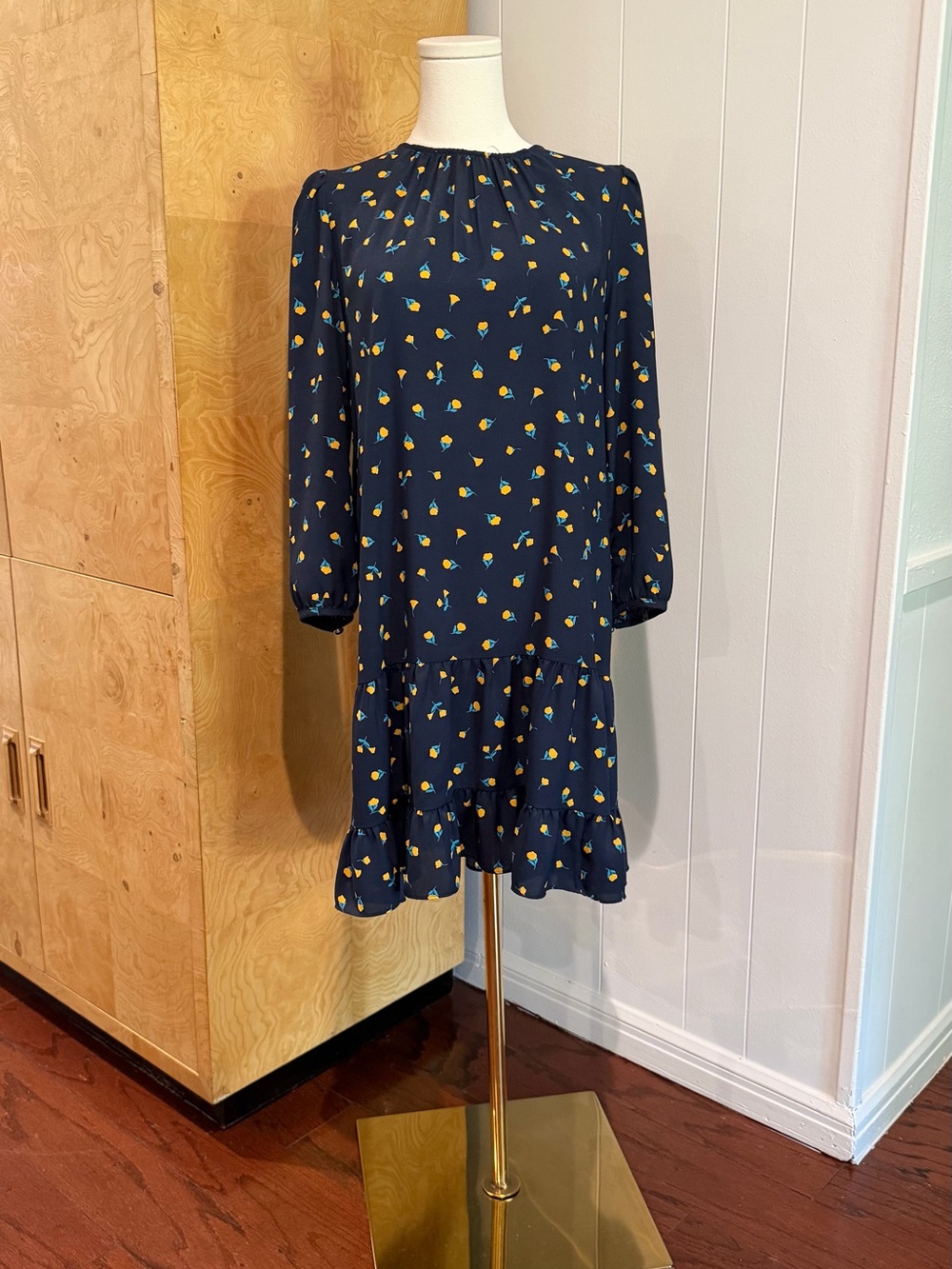 kate spade Navy Blue Long Sleeve Floral Print Ruffled Hem Dress
